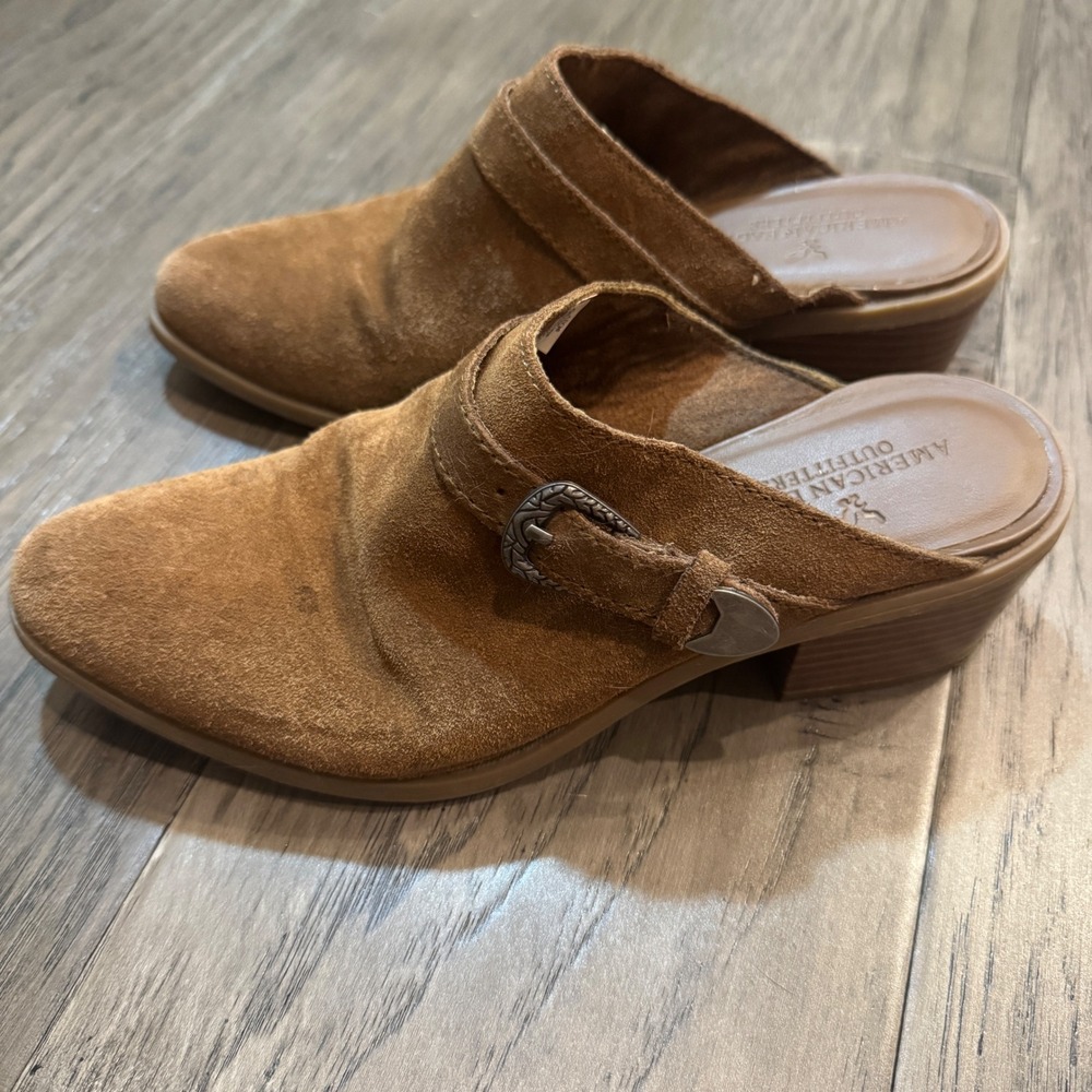 American Eagle Outfitters Suede Mule Clogs Western Buckle Heel‎ Brown Size 7